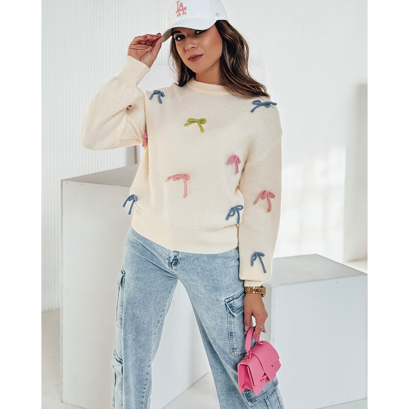 BASIC Smotanový dámsky sveter s mašľami TIELUSH MY2357 60614600