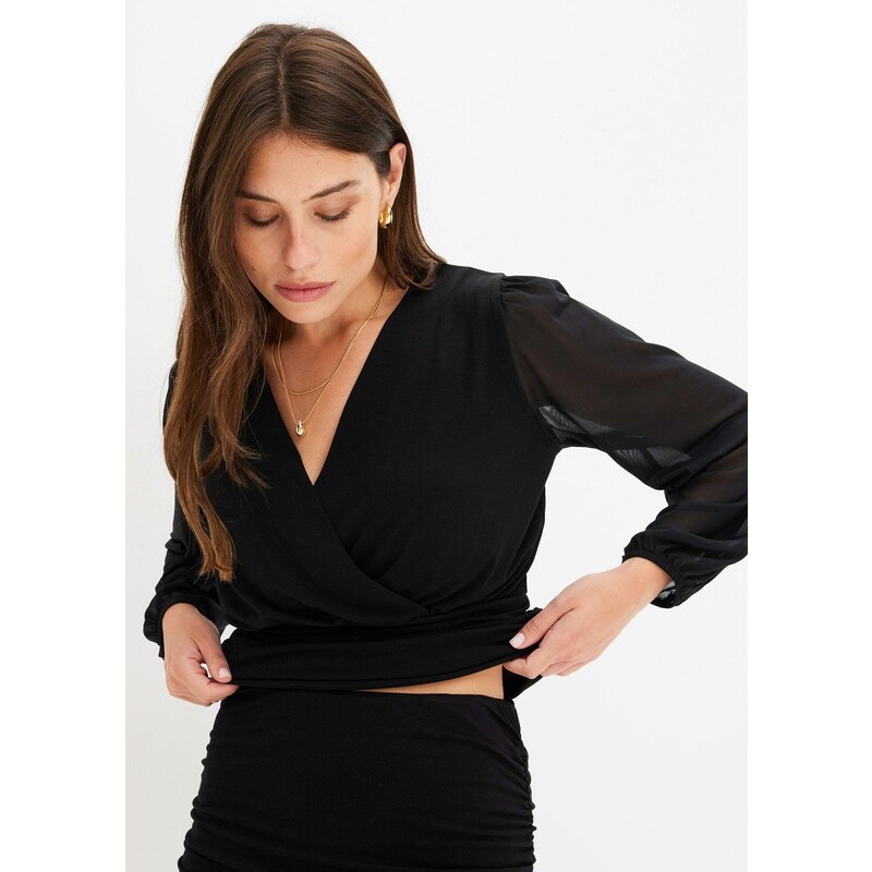 bonprix Tričko s dlhým rukávom so sieťovinou, farba čierna 60614401