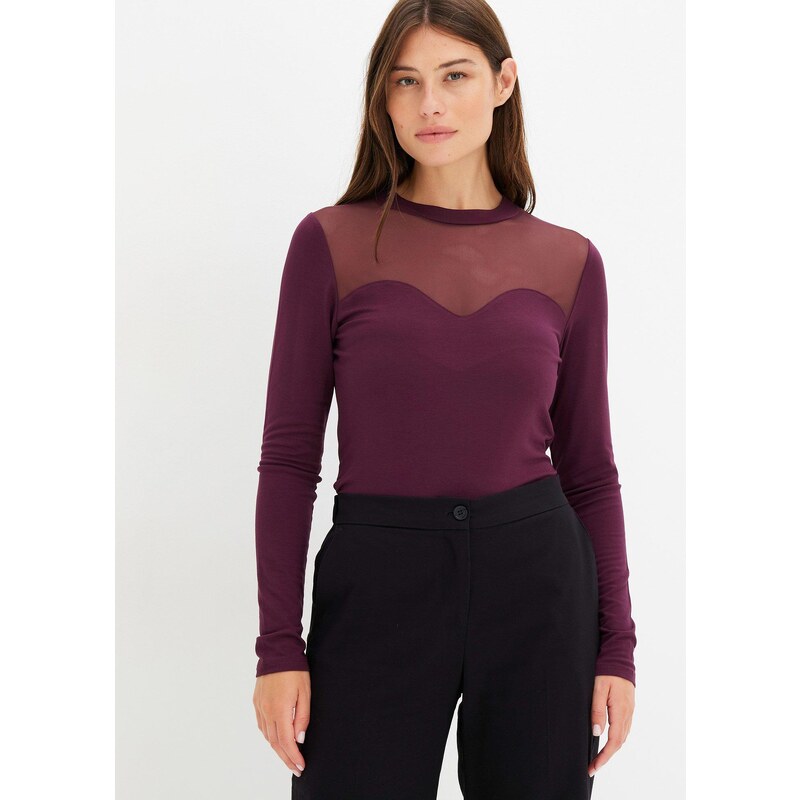 bonprix Tričko s dlhým rukávom a sieťovinou, farba hnedá 60614458