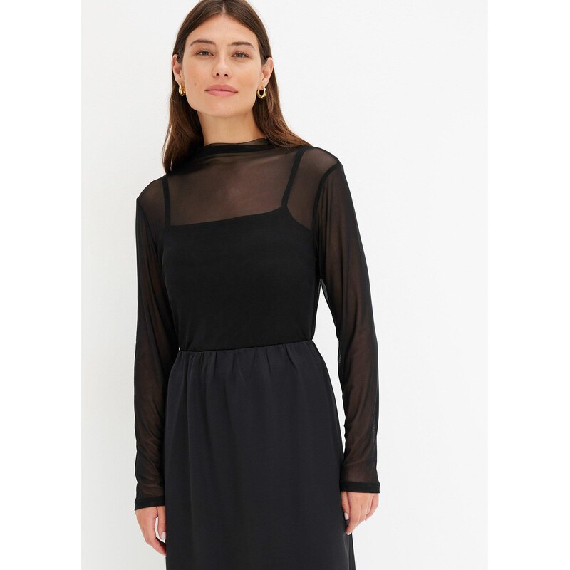 bonprix Tričko s dlhým rukávom so sieťovinou, farba čierna 60614492