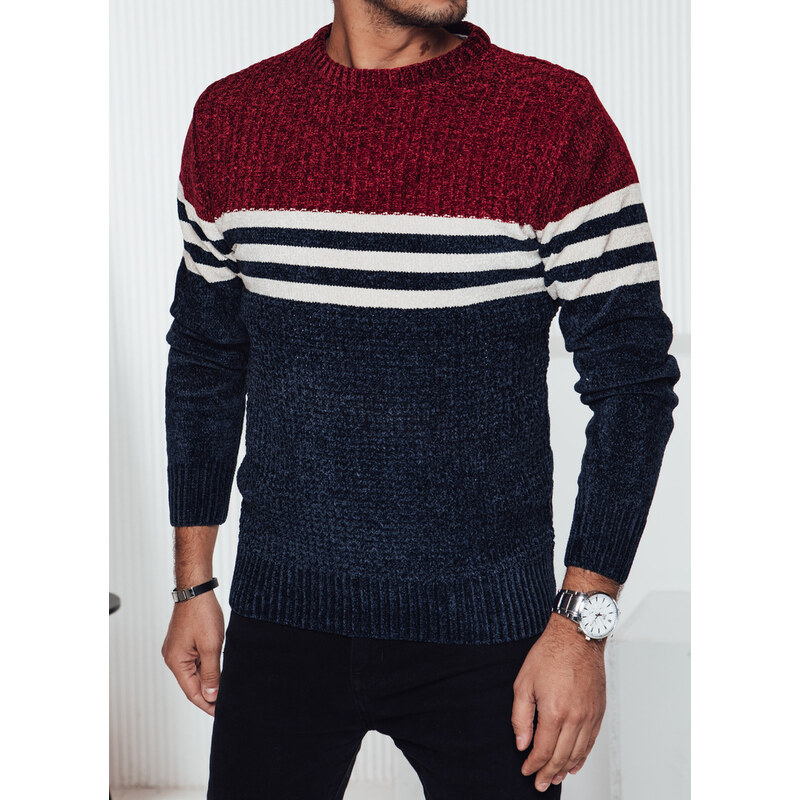 BASIC Vínovo-modrý pánsky teplý sveter s bielymi pruhmi WX2229 60645400