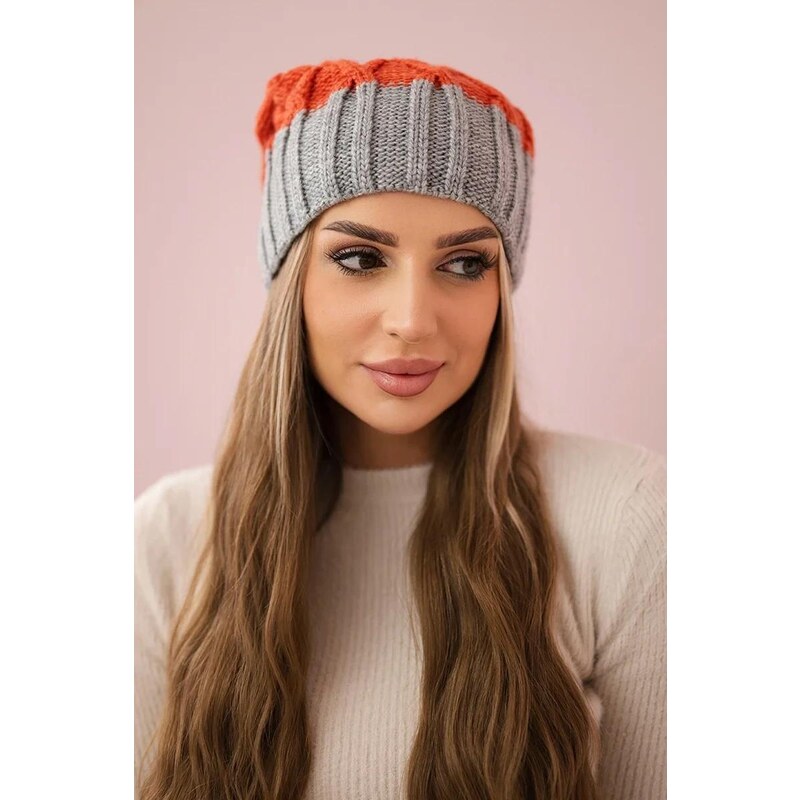 MladaModa Dámska čiapka s brmbolcom Milano K203 oranžová+šedá 36917969