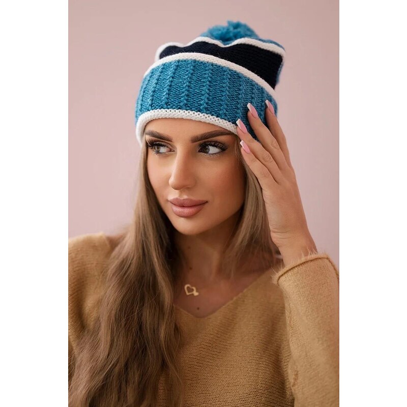 MladaModa Dámska čiapka s brmbolcom Kinga K297 tyrkysová+námornícka 36637001