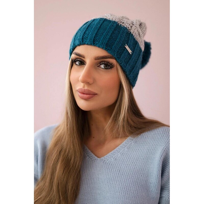 MladaModa Dámska čiapka s brmbolcom Paris K212 šedá+tmavá tyrkysová 36429340