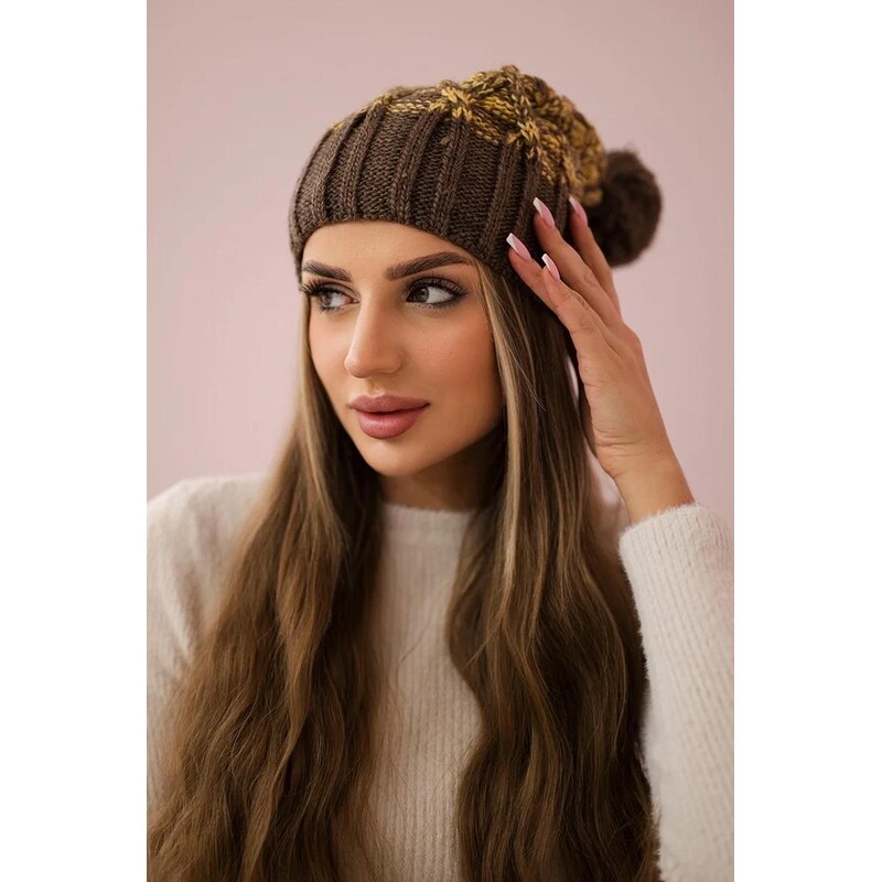 MladaModa Dámska čiapka s brmbolcom Milano K203 žltá melanž+hnedá 36429344