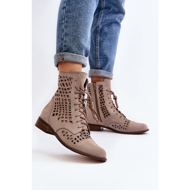 Čipkované kožené topánky Zazoo 2627 Beige 60731030