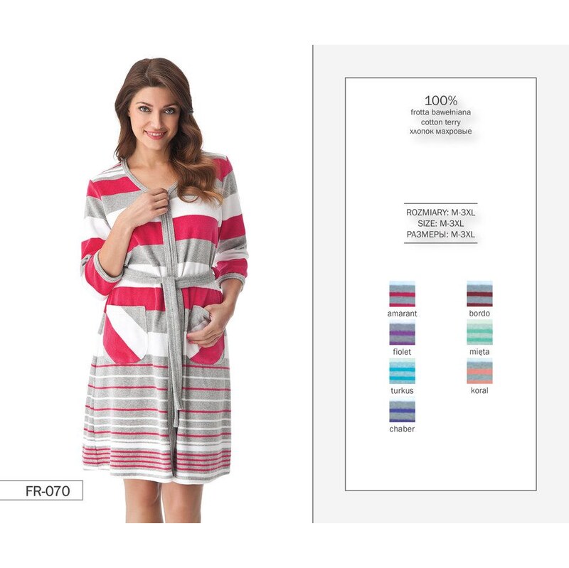 Dorota Dámsky froté župan na zips Cate FR-070 amarantový s pásikmi, 34096222