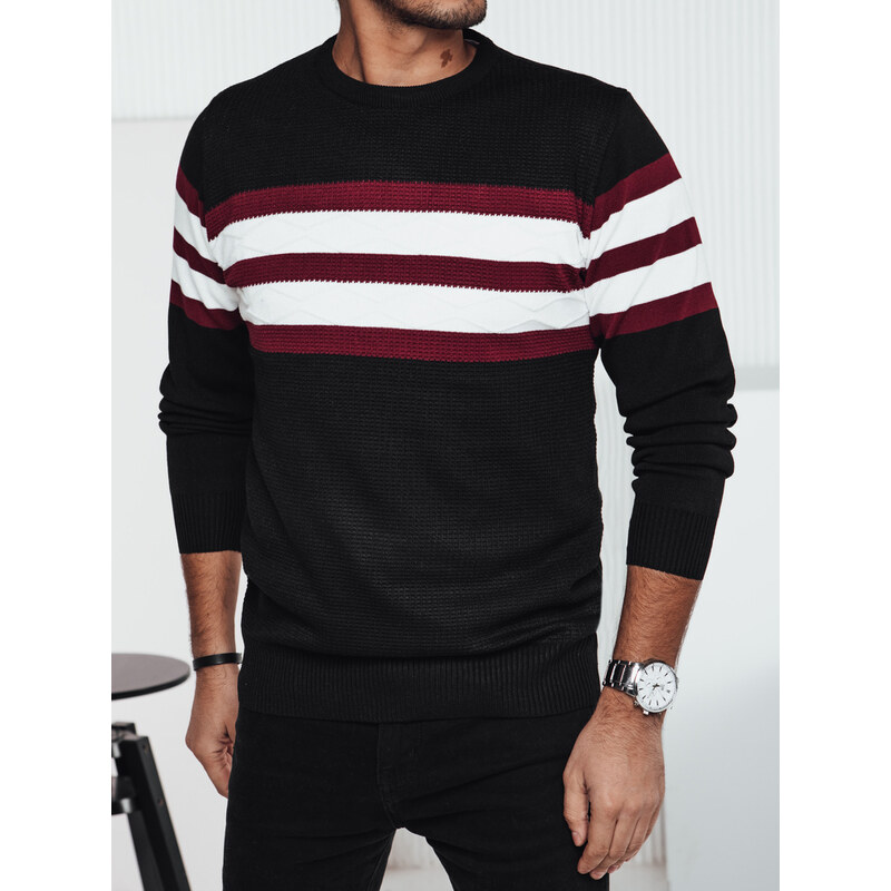 BASIC Čierny pánsky sveter s bielo-vínovými pruhmi WX2247 60785549