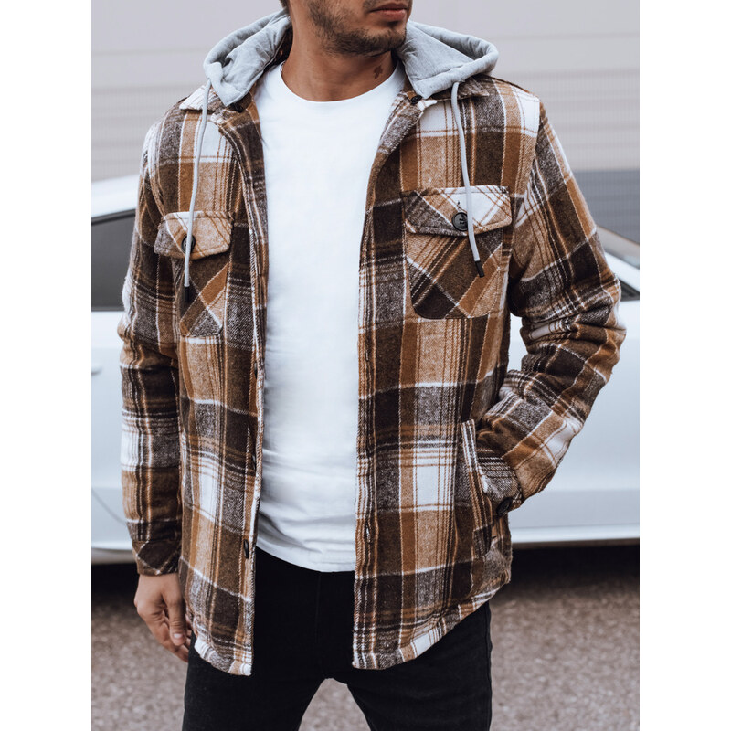 BASIC Hnedá károvaná pánska prechodná bunda s kapucňou TX4960 60785555