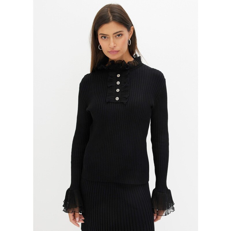 bonprix Pletené tričko so šifónovými volánmi, farba čierna 60785106