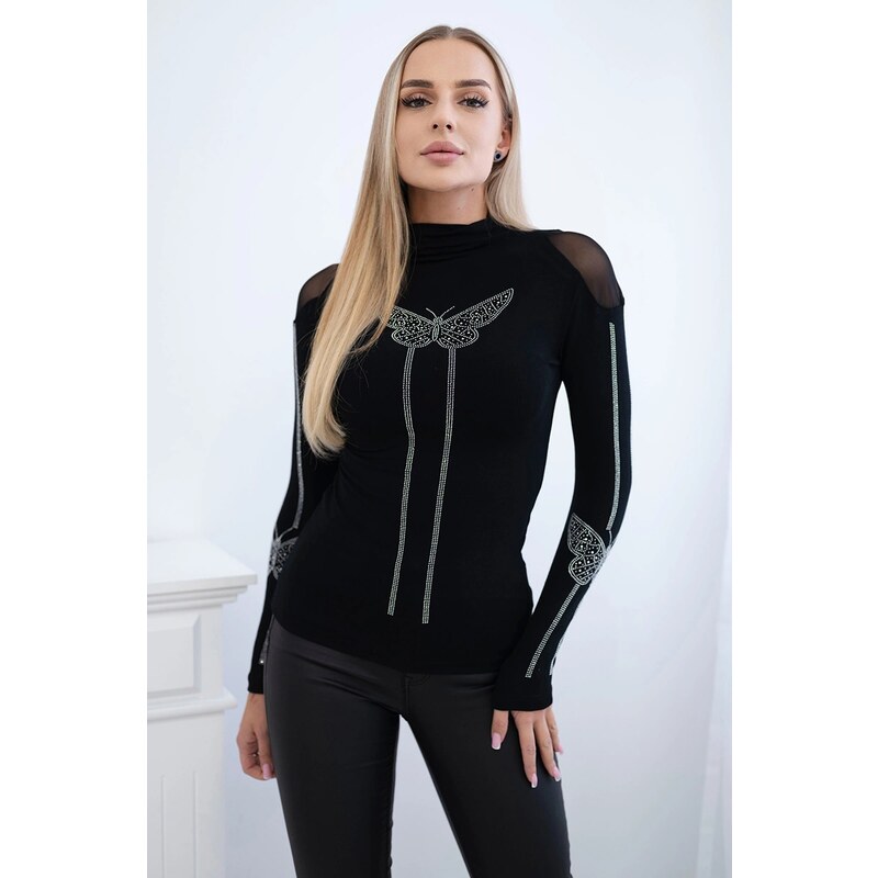Kesi Knitted blouse with a bow tie made of black cubic zirconia 60708329