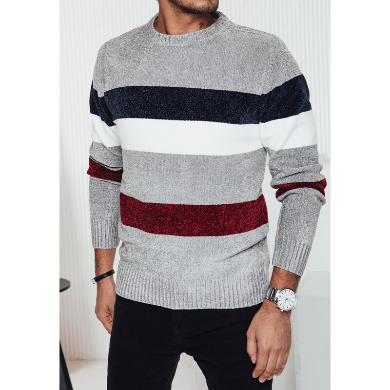 BASIC Svetlosivý teplý pánsky sveter s módnymi pruhmi WX2241 61532681