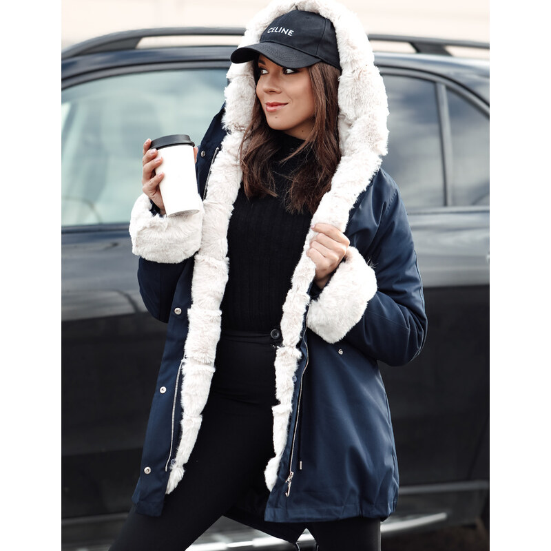 BASIC Tmavomodrá dámska zateplená parka s kožúškom STARBURST TY4764 61532689