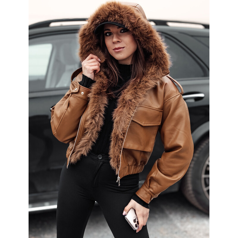 BASIC Hnedá dámska zateplená koženková crop bunda SOFTREBEL TY4761 61532691