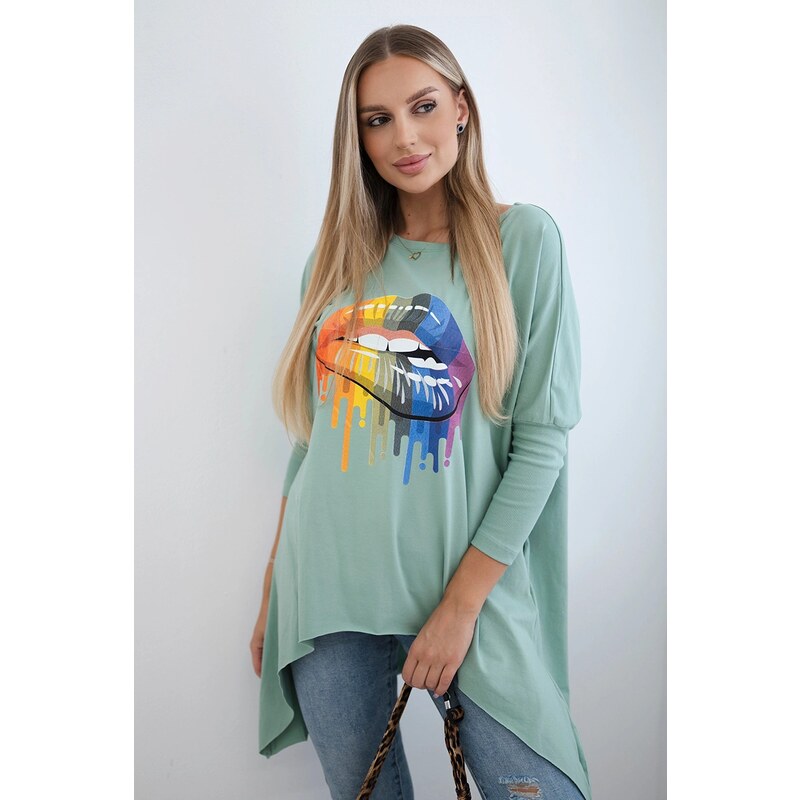 Kesi Oversized blouse with a dark mint lip print 60729393