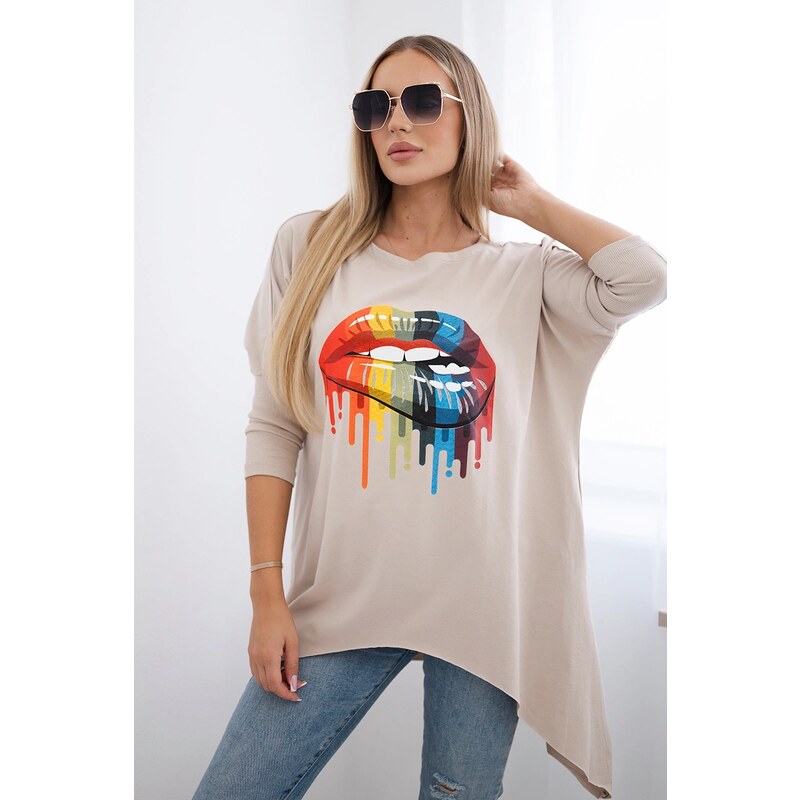 Kesi Oversize blouse with beige rainbow lip print 60729526