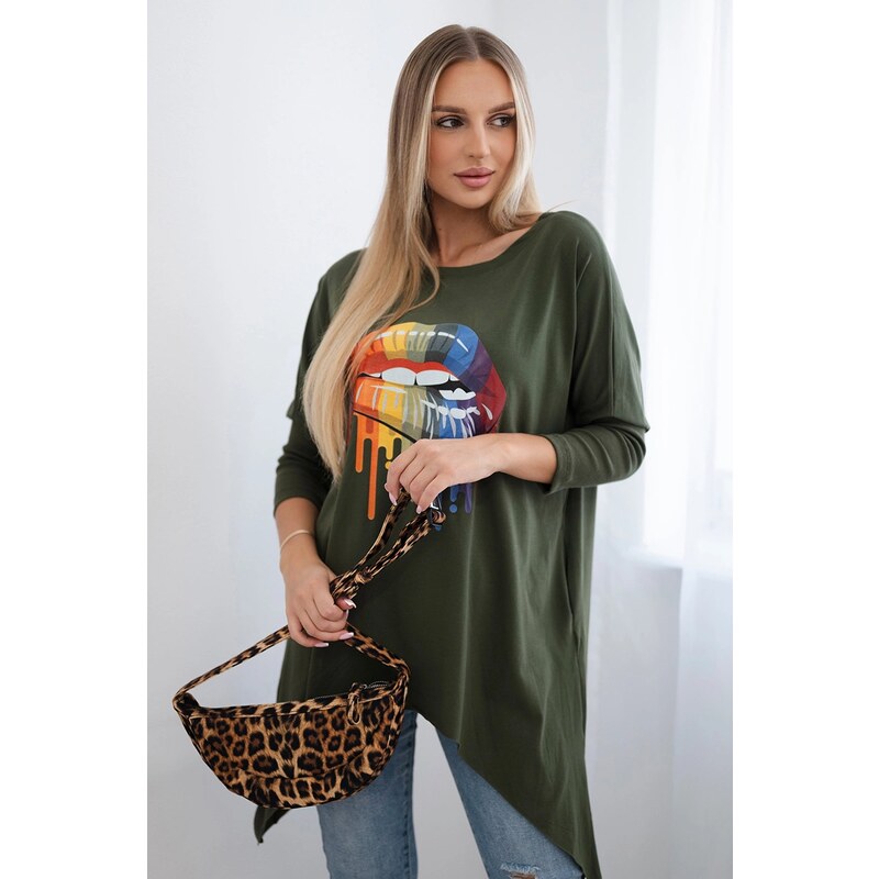 Kesi Oversized blouse with khaki rainbow lip print 60754257