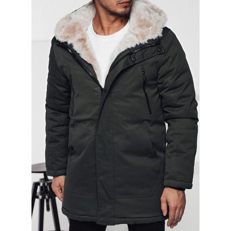 BASIC Tmavozelená pánska zimná parka s kapucňou a kožúškom TX4966 61532602