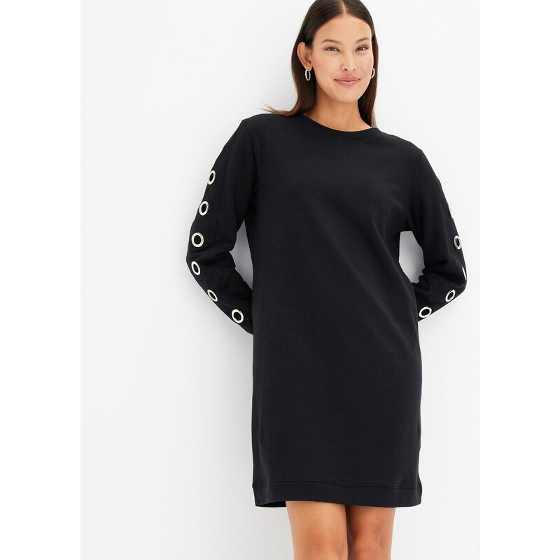 bonprix Mikinové šaty s očkami, farba čierna 60953267