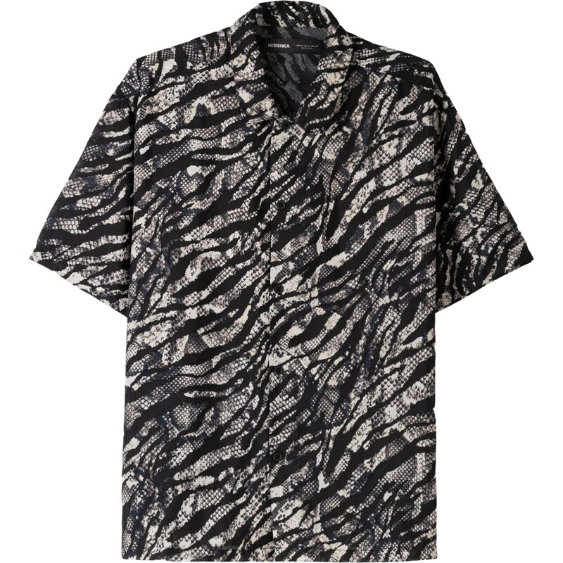 Bershka Košeľa krémová / námornícka modrá / čierna 65874284