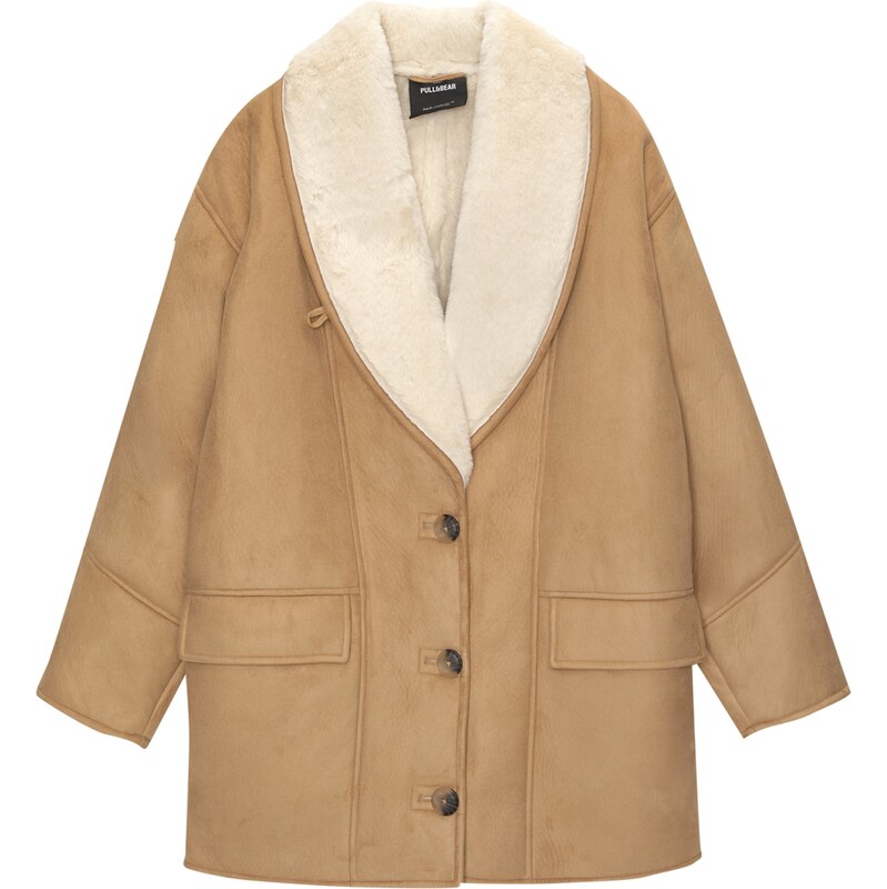 Pull&Bear Prechodný kabát medová / biela ako vlna 63151930