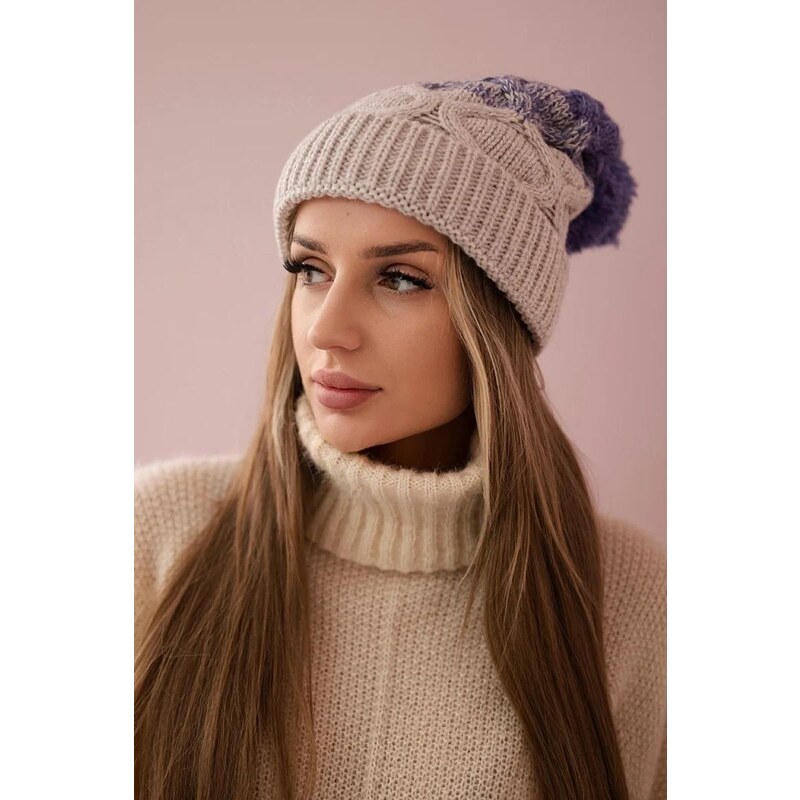 MladaModa Dámska čiapka s brmbolcom K248 béžová+fialová 36491673