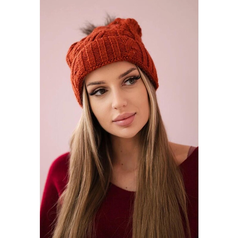 MladaModa Dámska čiapka s kožušinkovým brmbolcom K226 oranžová 36492488