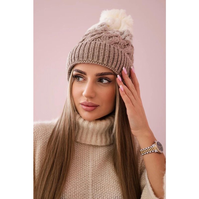 MladaModa Dámska čiapka s brmbolcom Ilona K218 béžová+farba ecru 36429330