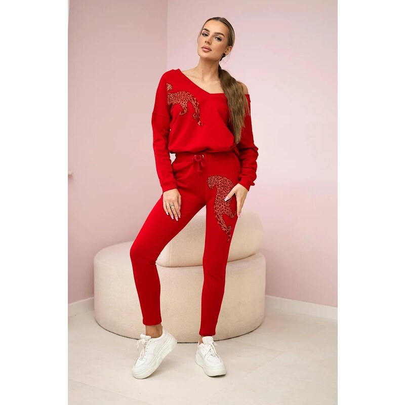 MladaModa Tepláková súprava s motívom pantera zo zirkónov červená 19568587