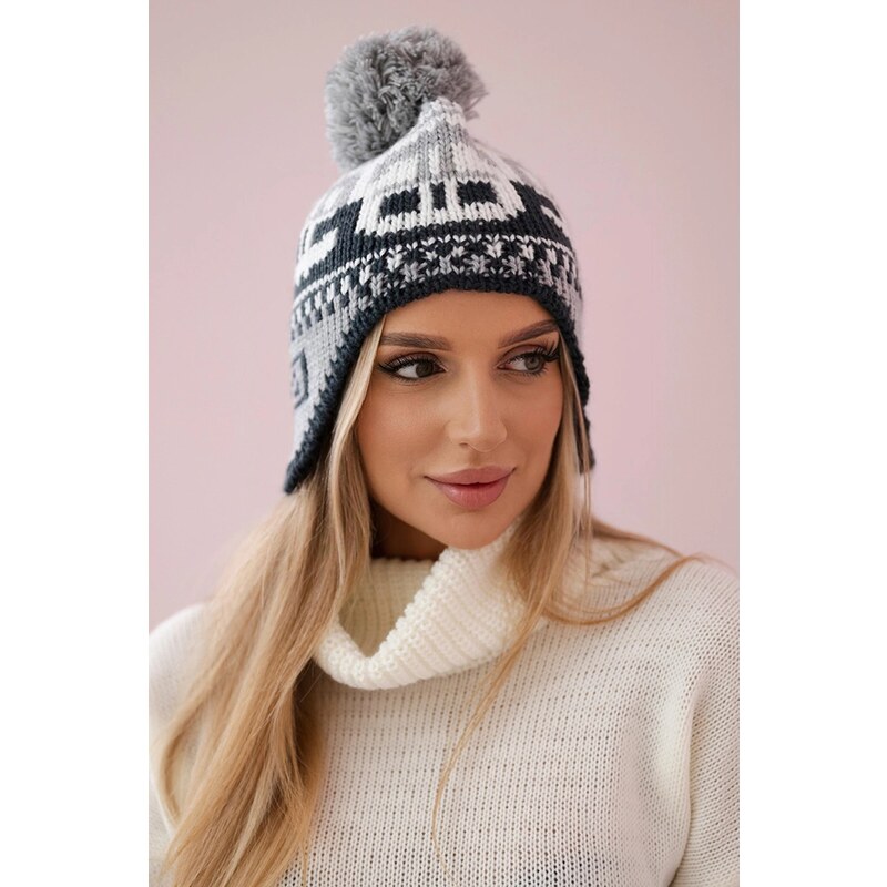 Kesi Dámska čiapka s pomponom Rosa K368 biela+grafit+tmavosivá 61026761