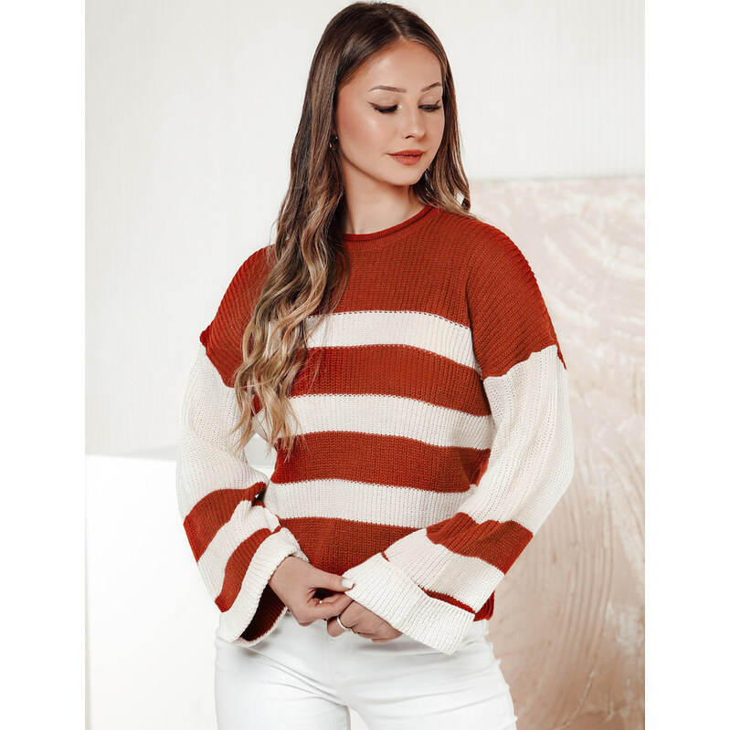 BASIC Bielo-červený dámsky pruhovaný sveter LINEZZA MY2384 61532444