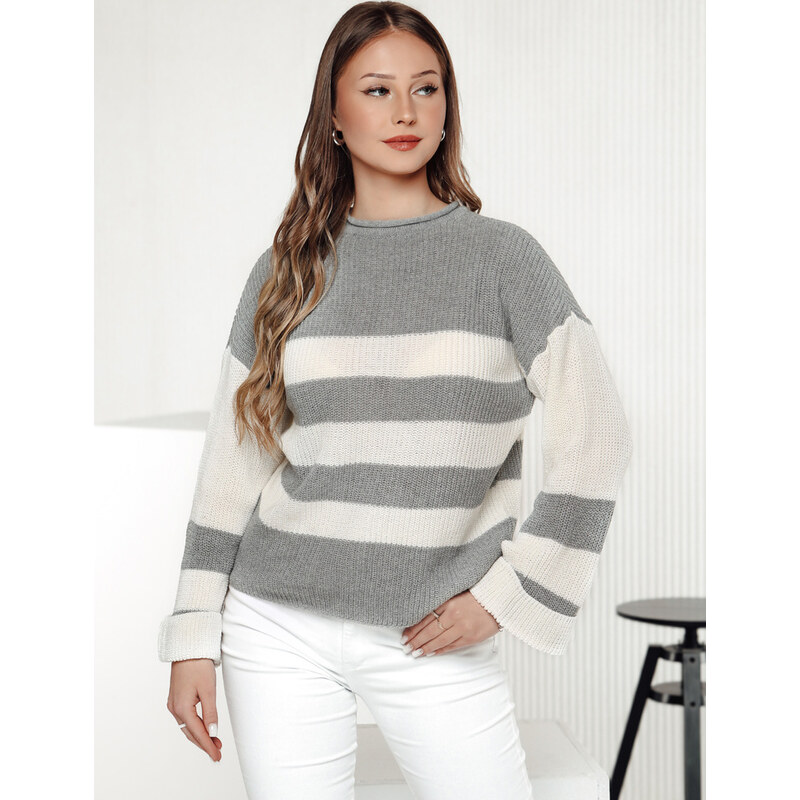 BASIC Bielo-sivý dámsky pruhovaný sveter LINEZZA MY2386 61532443
