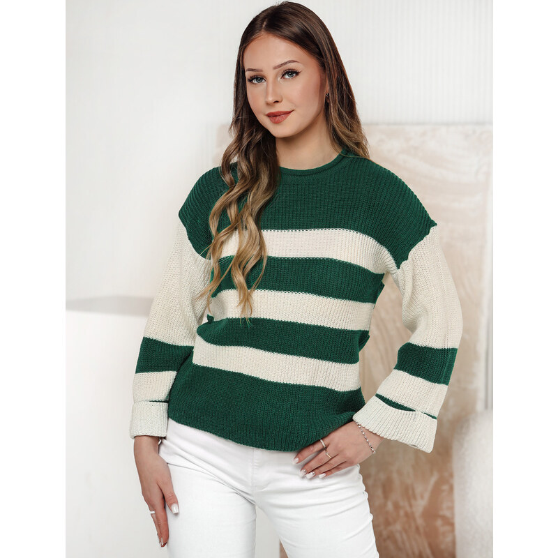 BASIC Zeleno-biely dámsky pruhovaný sveter LINEZZA MY2389 61532409
