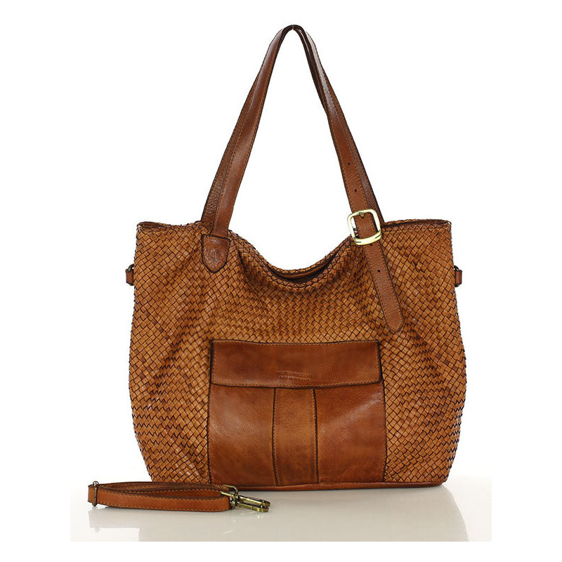 MARCO MAZZINI Veľká pletená kožená shopper taška | hnedá camel v250b 61146198