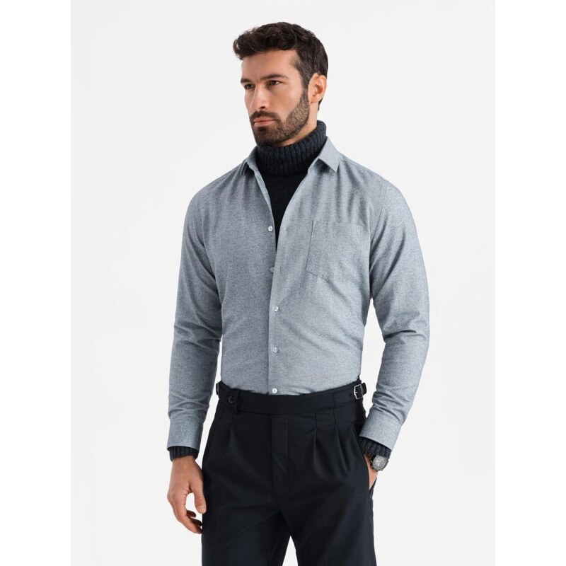 Ombre Clothing Ležérna šedá melírovaná košeľa s vreckom V3 SHCS-0148 48776268