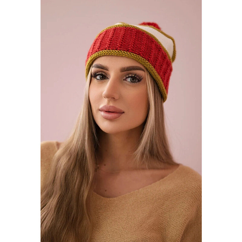 K-Fashion Dámska čiapka Kinga K297 červená+svetlá khaki+ecru 44561339