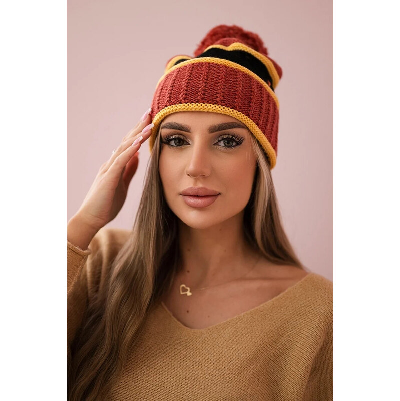 K-Fashion Dámska čiapka Kinga K297 červená+horčicová+čierna 44561341