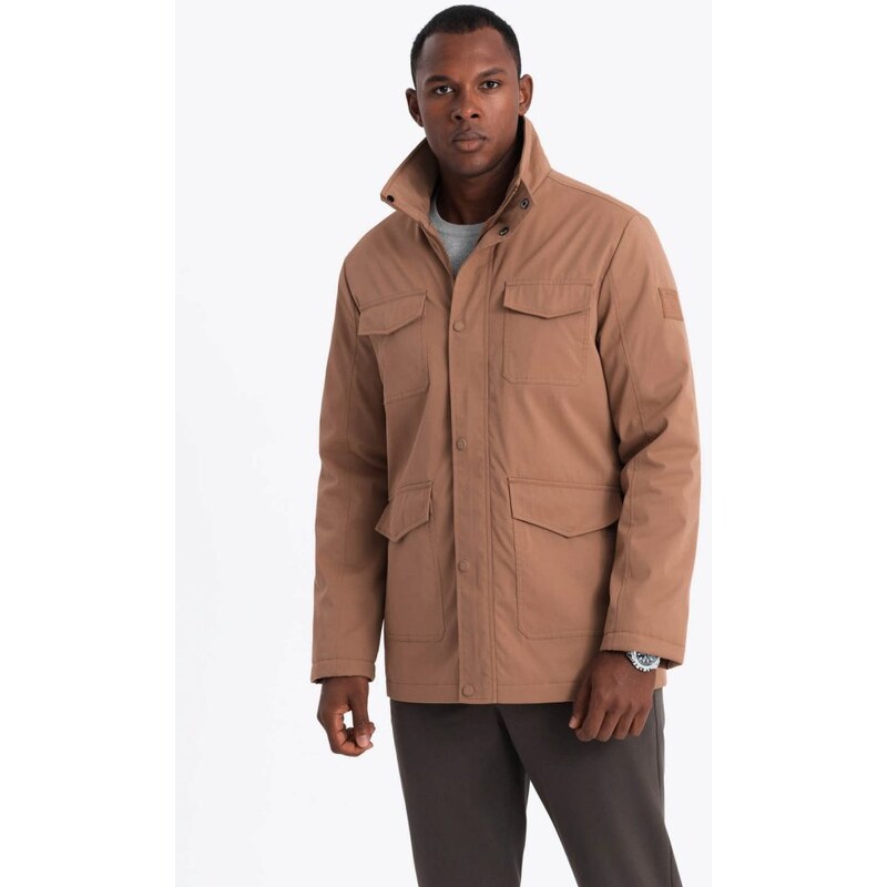 Ombre Clothing Pánska hnedá bunda s vysokým golierom a vreckami V5 61302694