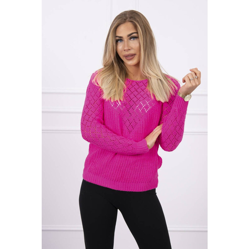 Dámsky sveter s ažúrovým zdobením neónovo ružový - Kesi 61560052