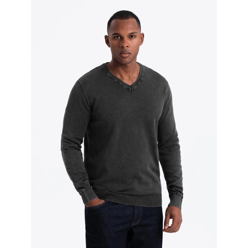 Ombre Clothing Pánsky sveter s V-výstrihom v čiernej farbe V1 SWOS 48973812