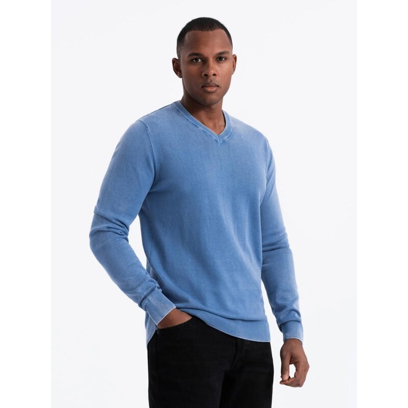 Ombre Clothing Pánsky sveter s V-výstrihom v modrej farbe V4 SWOS-0108 48973815