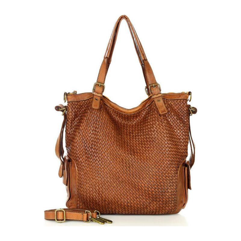 MARCO MAZZINI hnedá kožená shopper kabelka s pleteným vzorom (v202b) 30586606