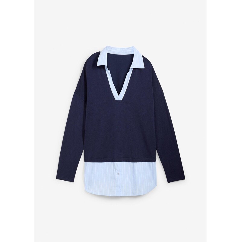 bonprix Jemne pletený pulóver s blúzkovou časťou, farba modrá 61718521