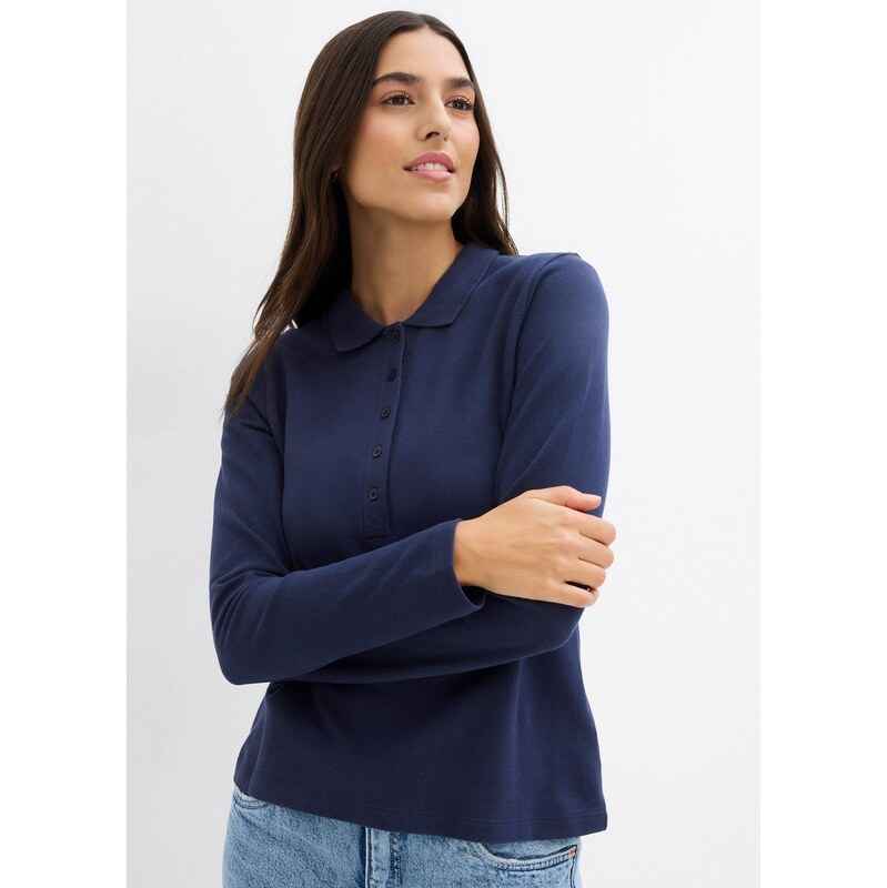 bonprix Polo tričko, piké, z bio bavlny, dlhý rukáv, farba modrá 61718482