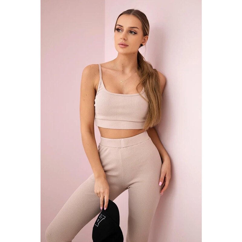 MladaModa Crop-topová tepláková súprava na ramienka model 9355 béžová 32329680