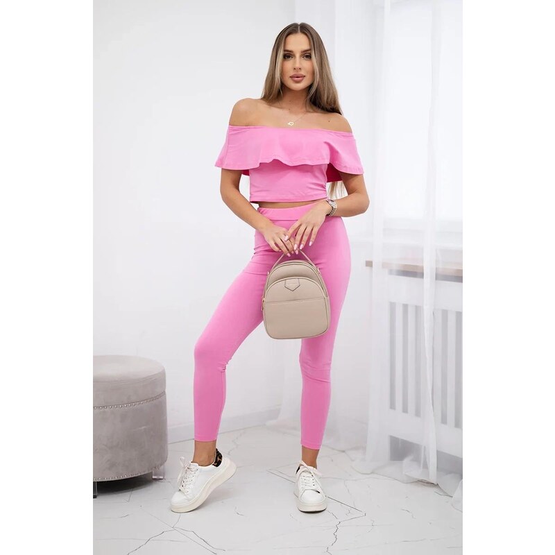 MladaModa Komplet nohavice + top s volánmi jasný ružový 32328313