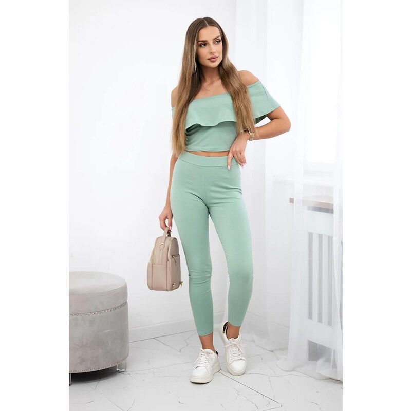 MladaModa Komplet nohavice + top s volánmi tmavý mentolový 22289465
