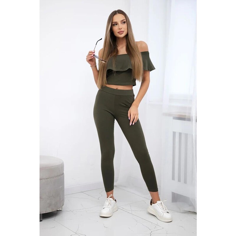 MladaModa Komplet nohavice + top s volánmi khaki 9484982