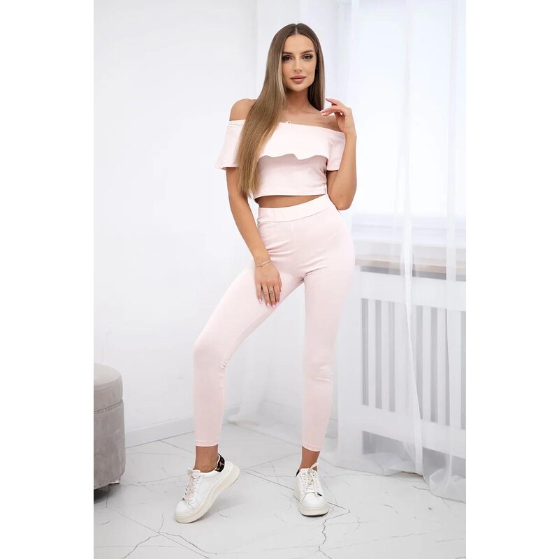 MladaModa Komplet nohavice + top s volánmi pudrovo ružový 8496671