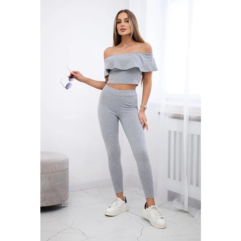 MladaModa Komplet nohavice + top s volánmi šedý 15389807